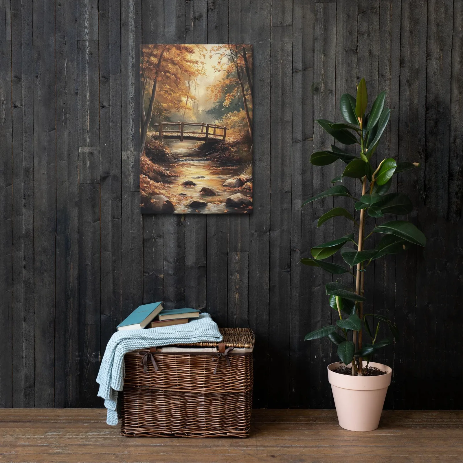 Autumn Bridge Serenity – Tranquil Forest Stream Thin Canvas Wall Art, photo 4