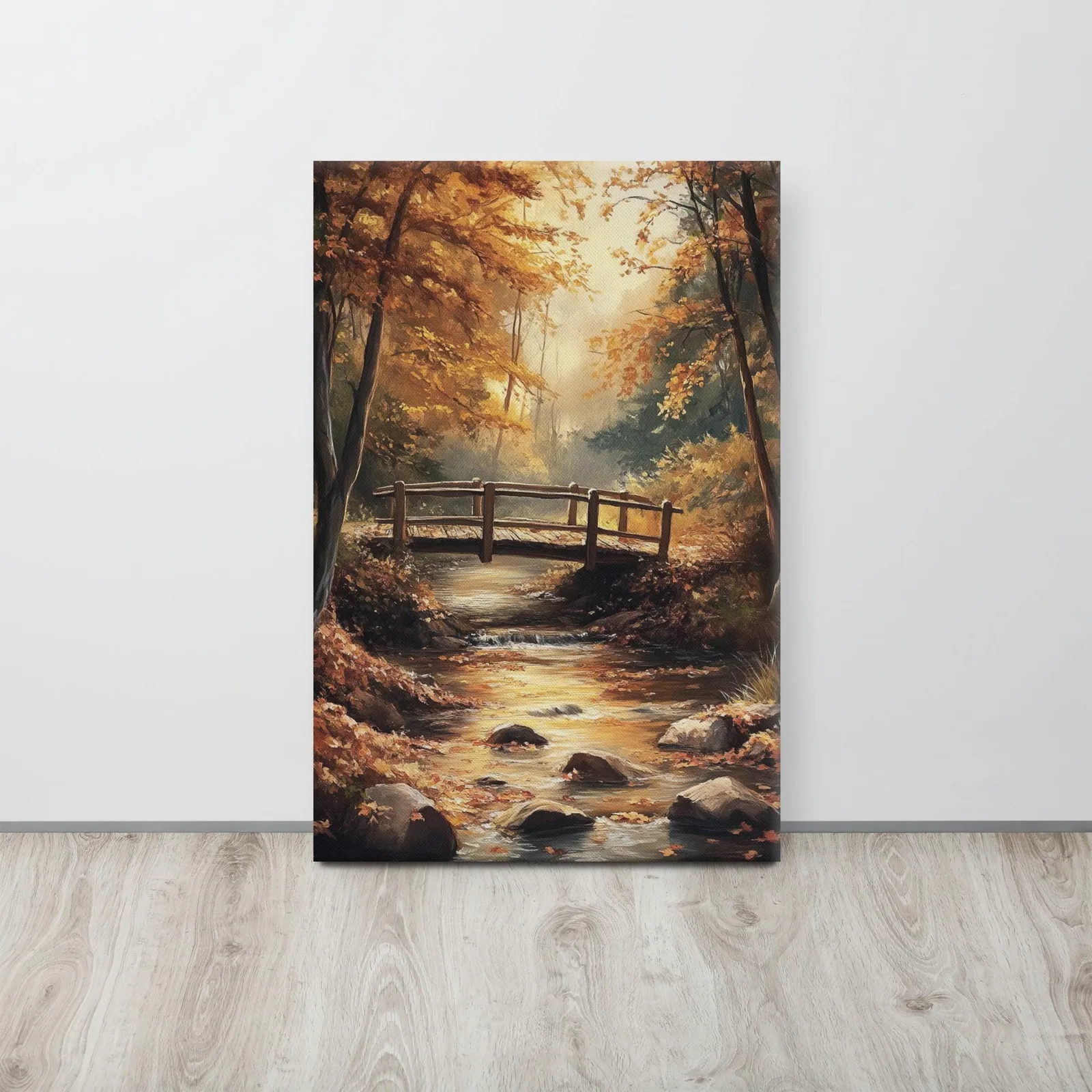 Autumn Bridge Serenity – Tranquil Forest Stream Thin Canvas Wall Art, photo 5