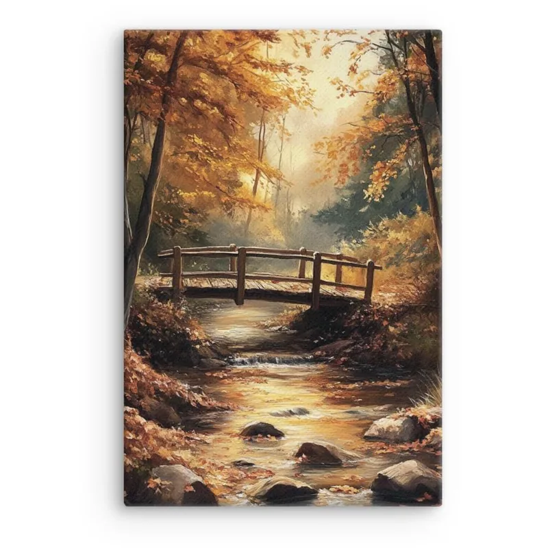 Autumn Bridge Serenity – Tranquil Forest Stream Thin Canvas Wall Art