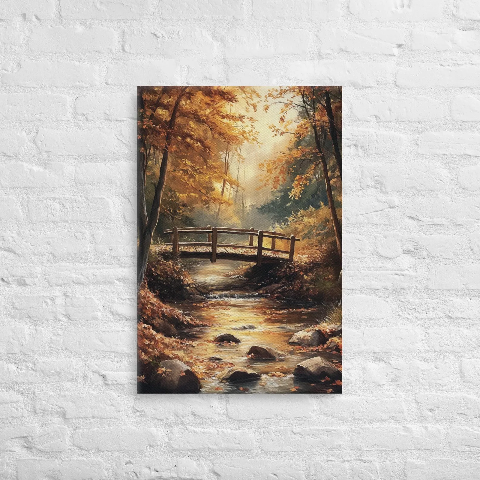 Autumn Bridge Serenity – Tranquil Forest Stream Thin Canvas Wall Art, photo 6