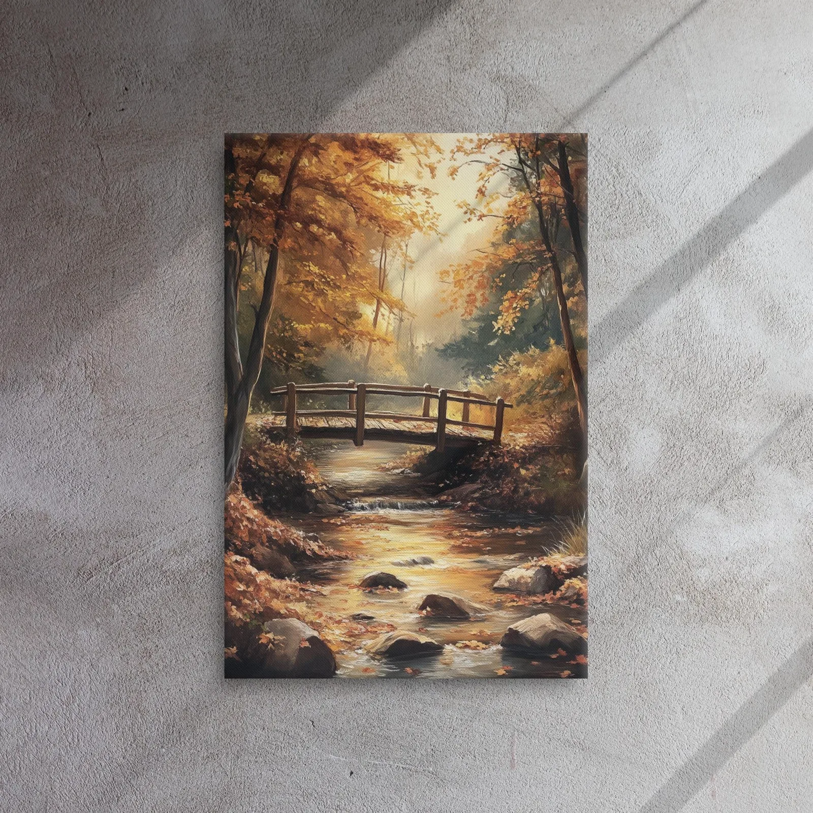 Autumn Bridge Serenity – Tranquil Forest Stream Thin Canvas Wall Art, photo 3