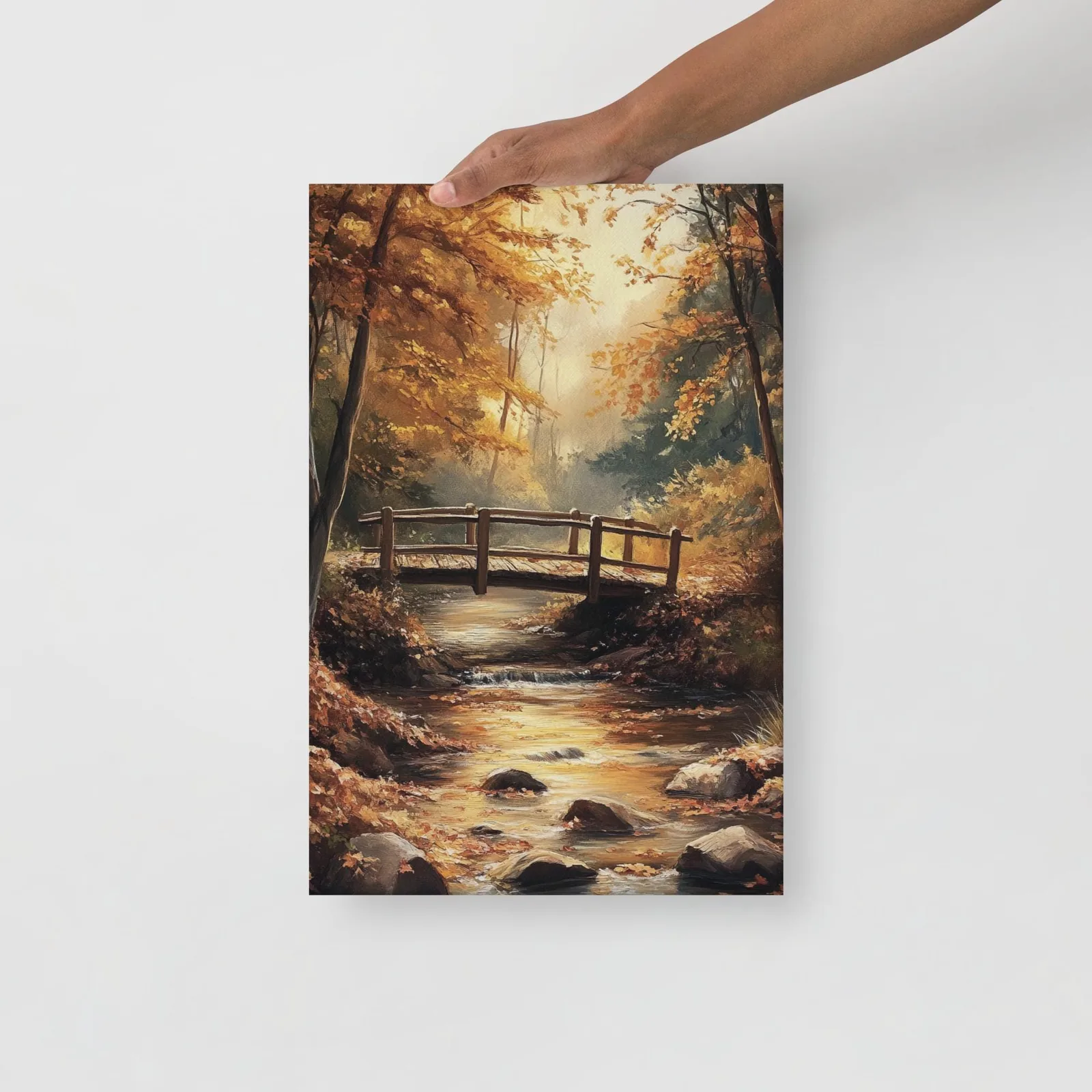 Autumn Bridge Serenity – Tranquil Forest Stream Thin Canvas Wall Art, photo 2