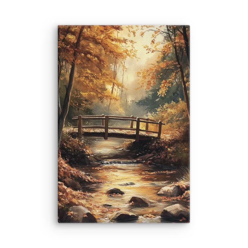 Autumn Bridge Serenity – Tranquil Forest Stream Thin Canvas Wall Art