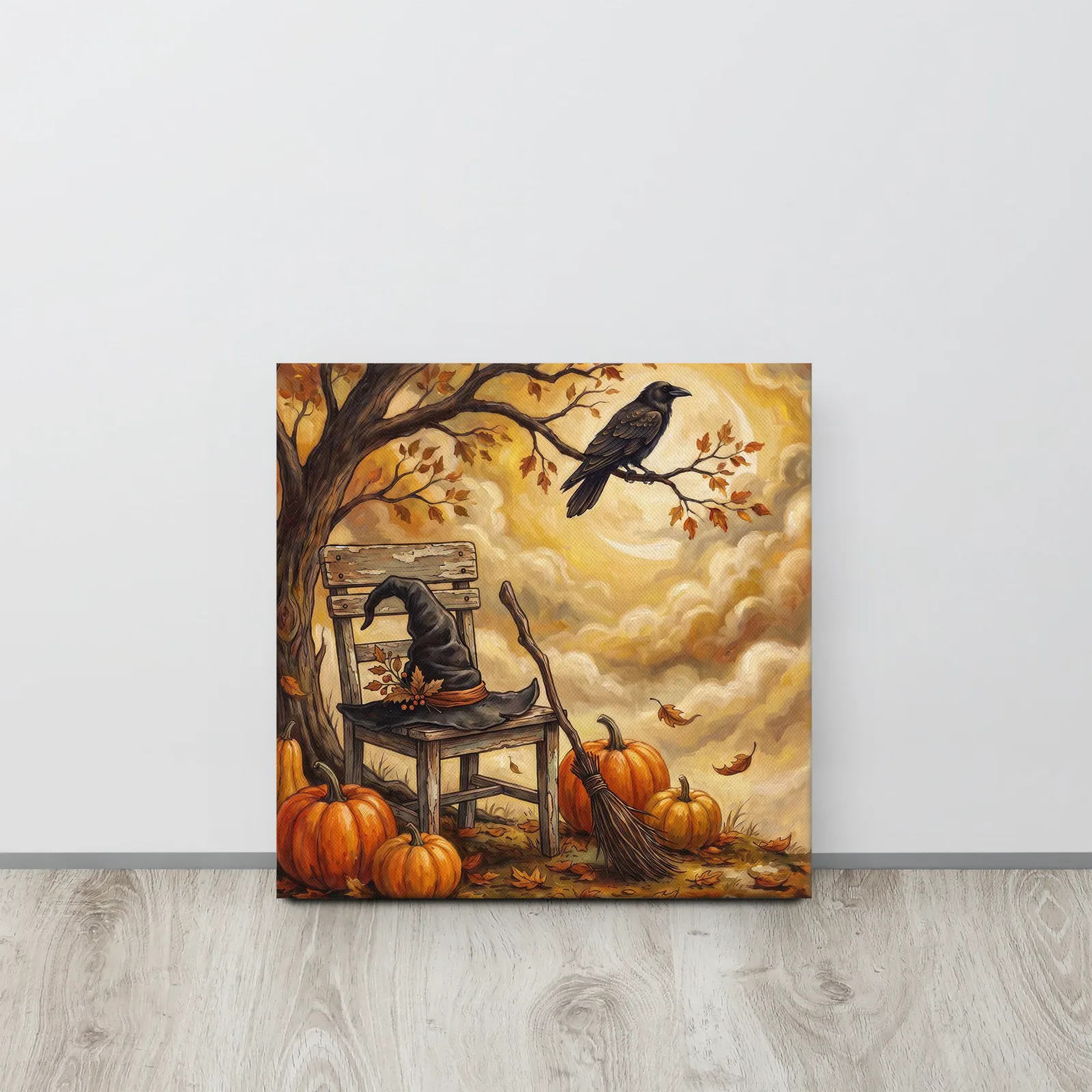 Autumn Pumpkin and Crow Thin Canvas: Halloween Witch Hat Decor Wall Art, photo 5