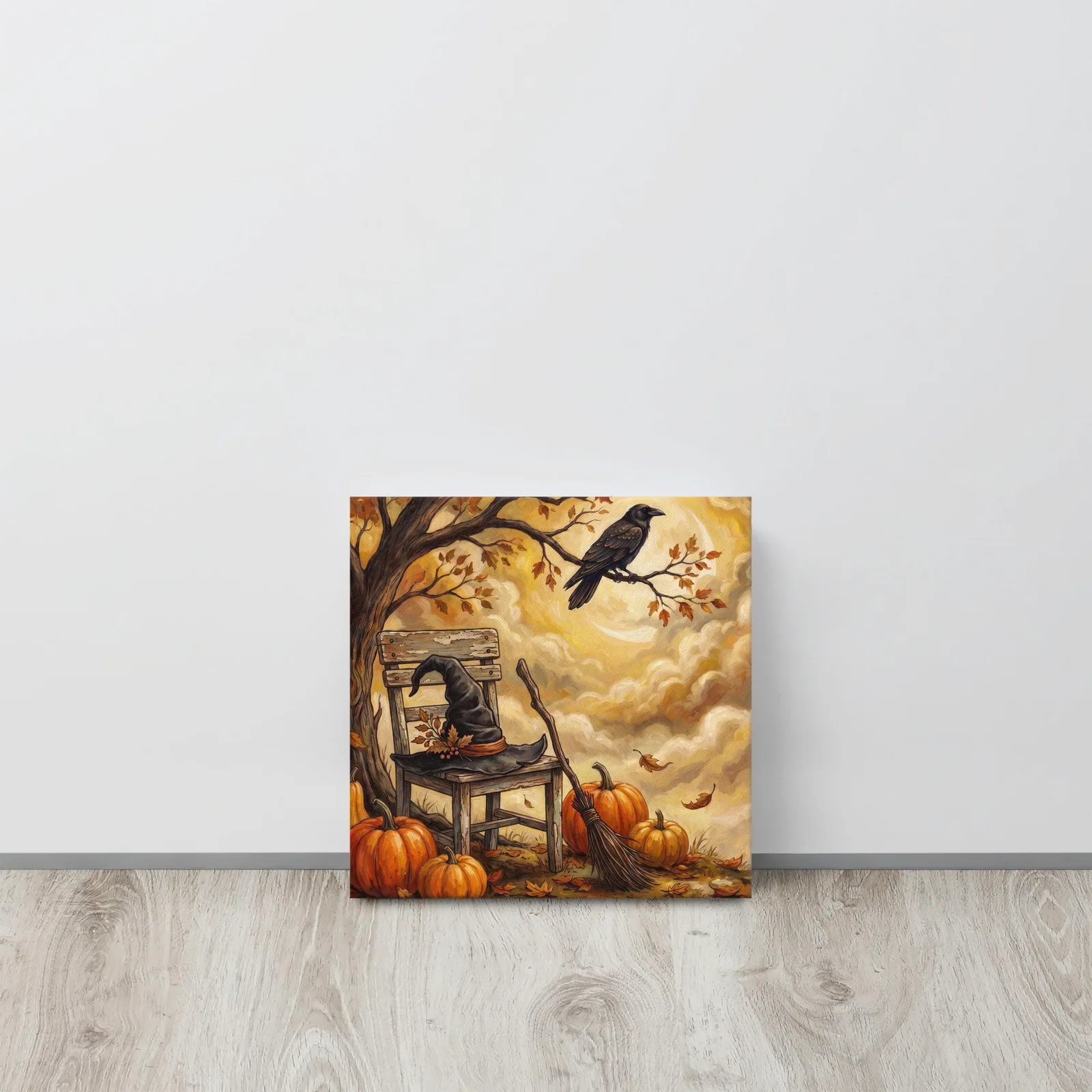 Autumn Pumpkin and Crow Thin Canvas: Halloween Witch Hat Decor Wall Art, photo 4