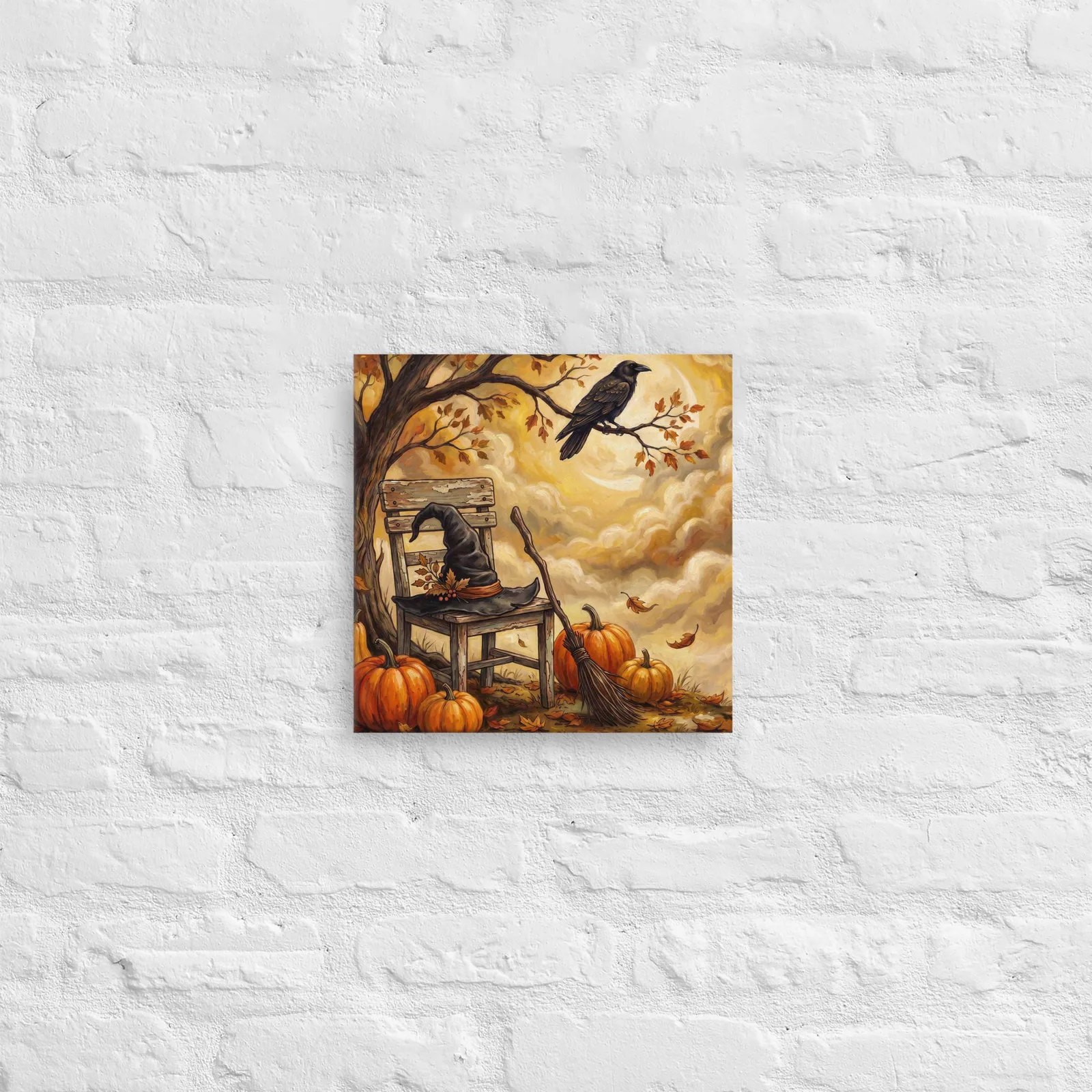 Autumn Pumpkin and Crow Thin Canvas: Halloween Witch Hat Decor Wall Art, photo 6