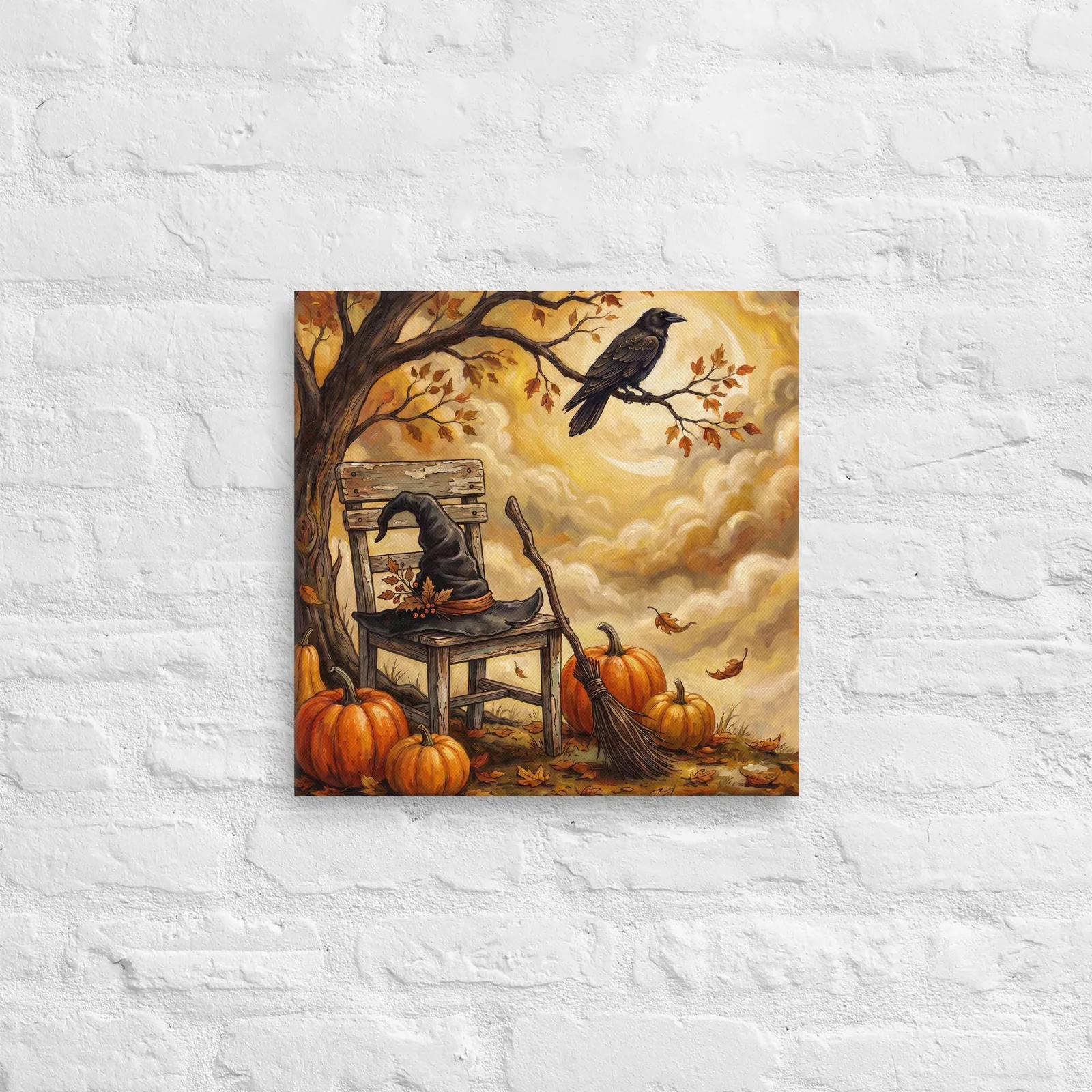 Autumn Pumpkin and Crow Thin Canvas: Halloween Witch Hat Decor Wall Art, photo 7