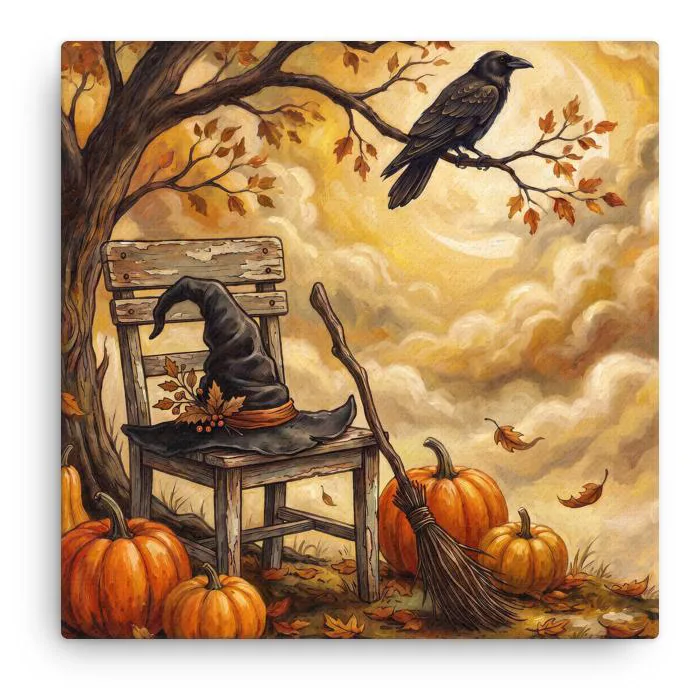 Autumn Pumpkin and Crow Thin Canvas: Halloween Witch Hat Decor Wall Art