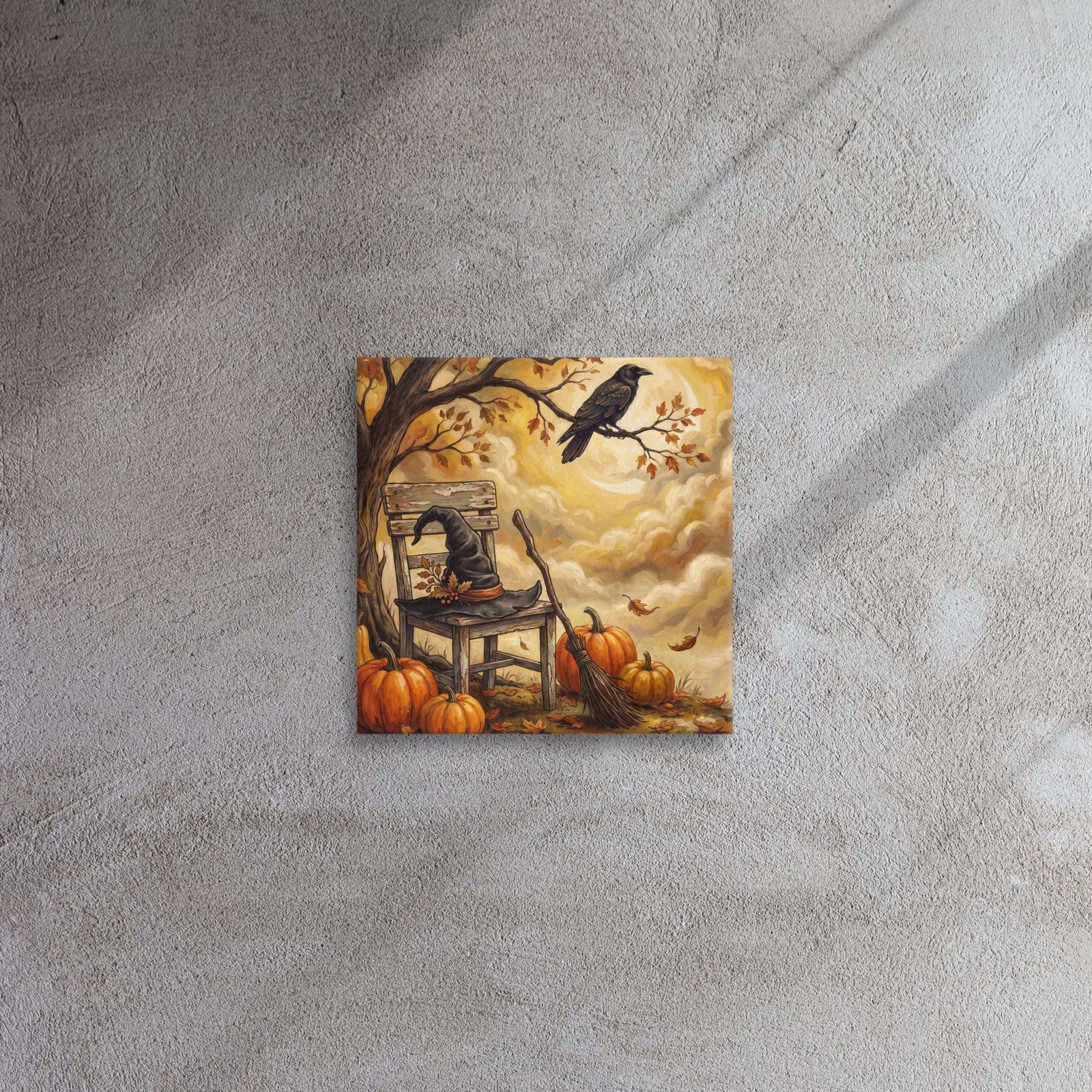Autumn Pumpkin and Crow Thin Canvas: Halloween Witch Hat Decor Wall Art, photo 2
