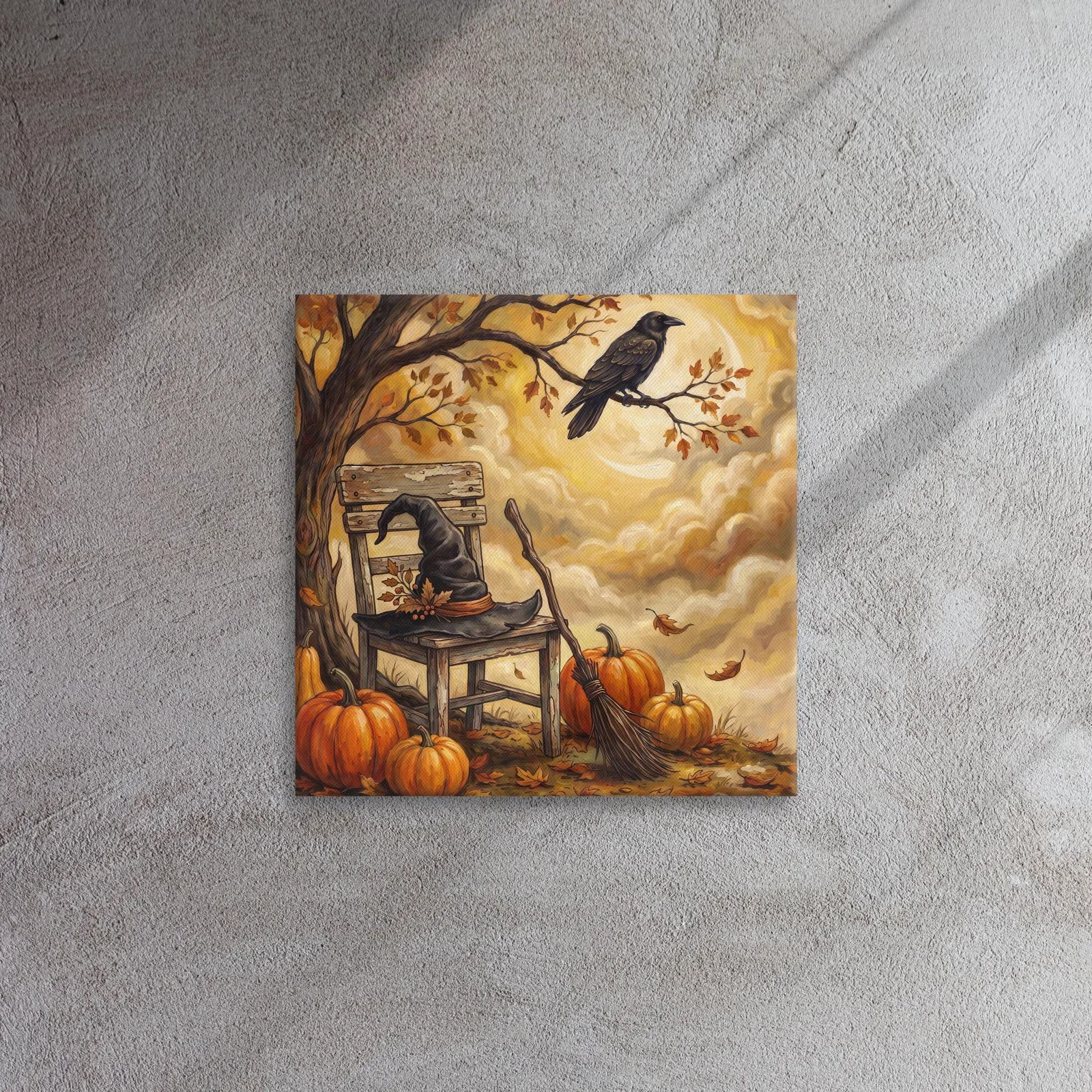 Autumn Pumpkin and Crow Thin Canvas: Halloween Witch Hat Decor Wall Art, photo 3