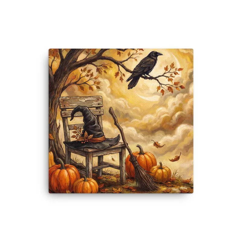 Autumn Pumpkin and Crow Thin Canvas: Halloween Witch Hat Decor Wall Art
