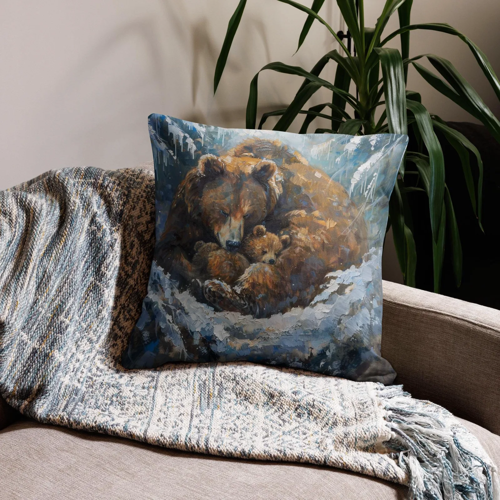 Bear Family in Snow Throw Pillow: Rustic Winter Decor, photo 3