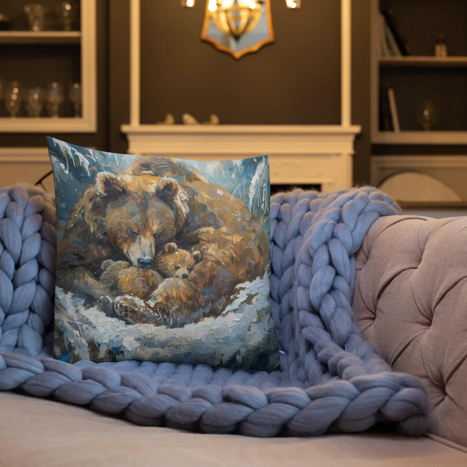 Bear Family in Snow Throw Pillow: Rustic Winter Decor, photo 8
