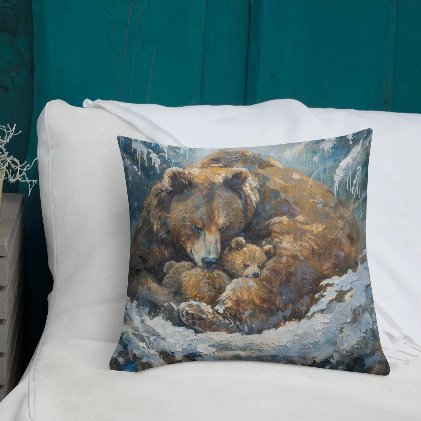 Bear Family in Snow Throw Pillow: Rustic Winter Decor, photo 9