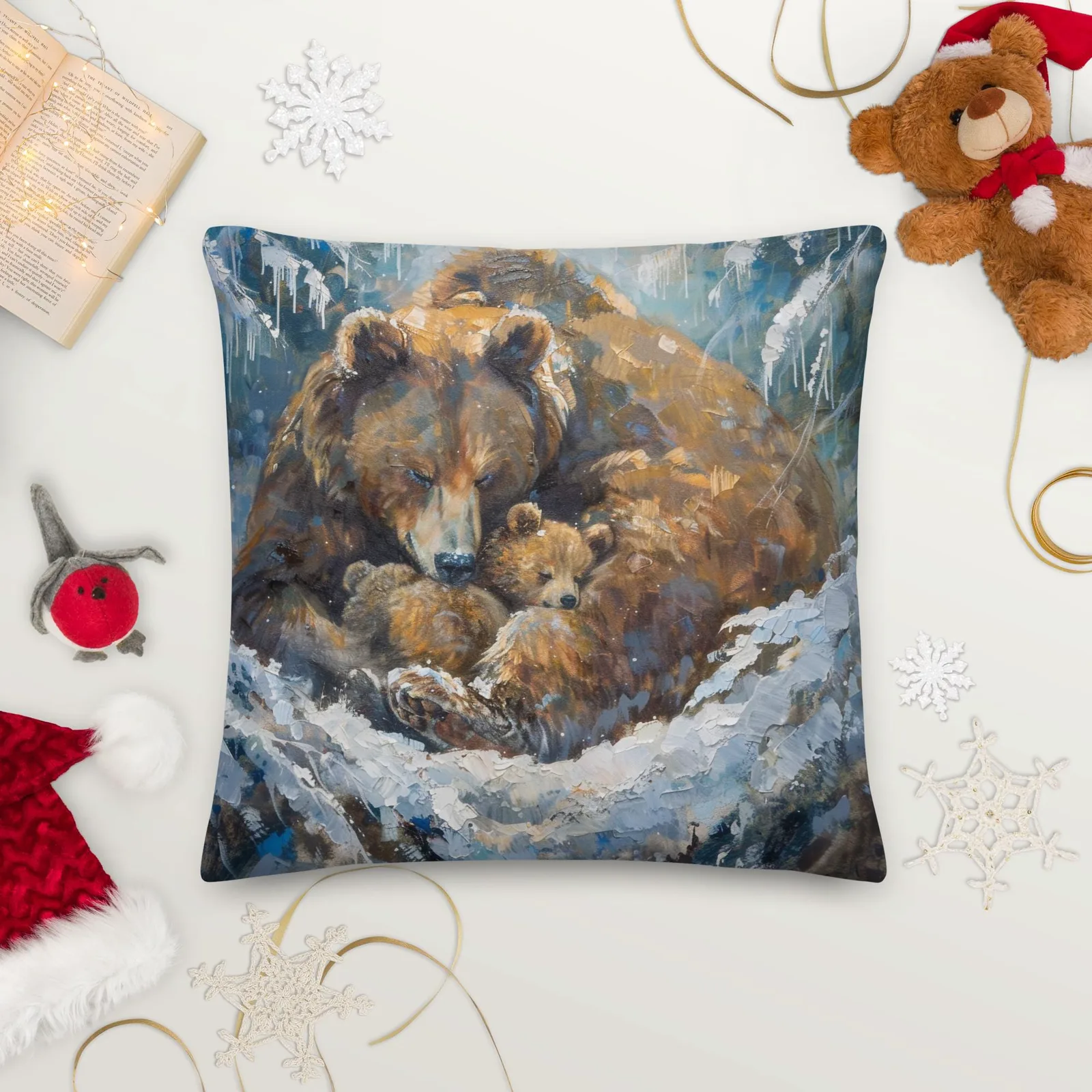 Bear Family in Snow Throw Pillow: Rustic Winter Decor, photo 10