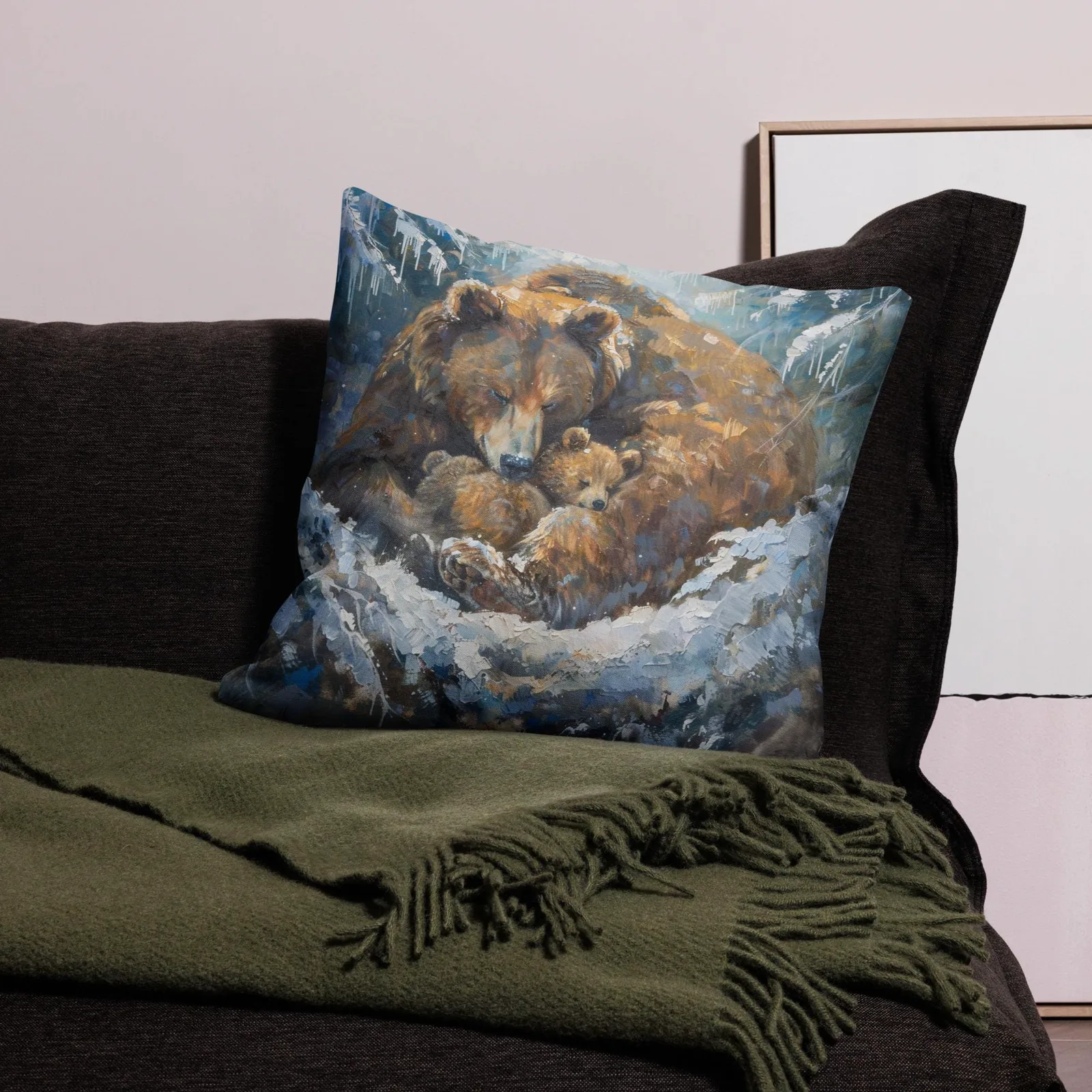 Bear Family in Snow Throw Pillow: Rustic Winter Decor, photo 2