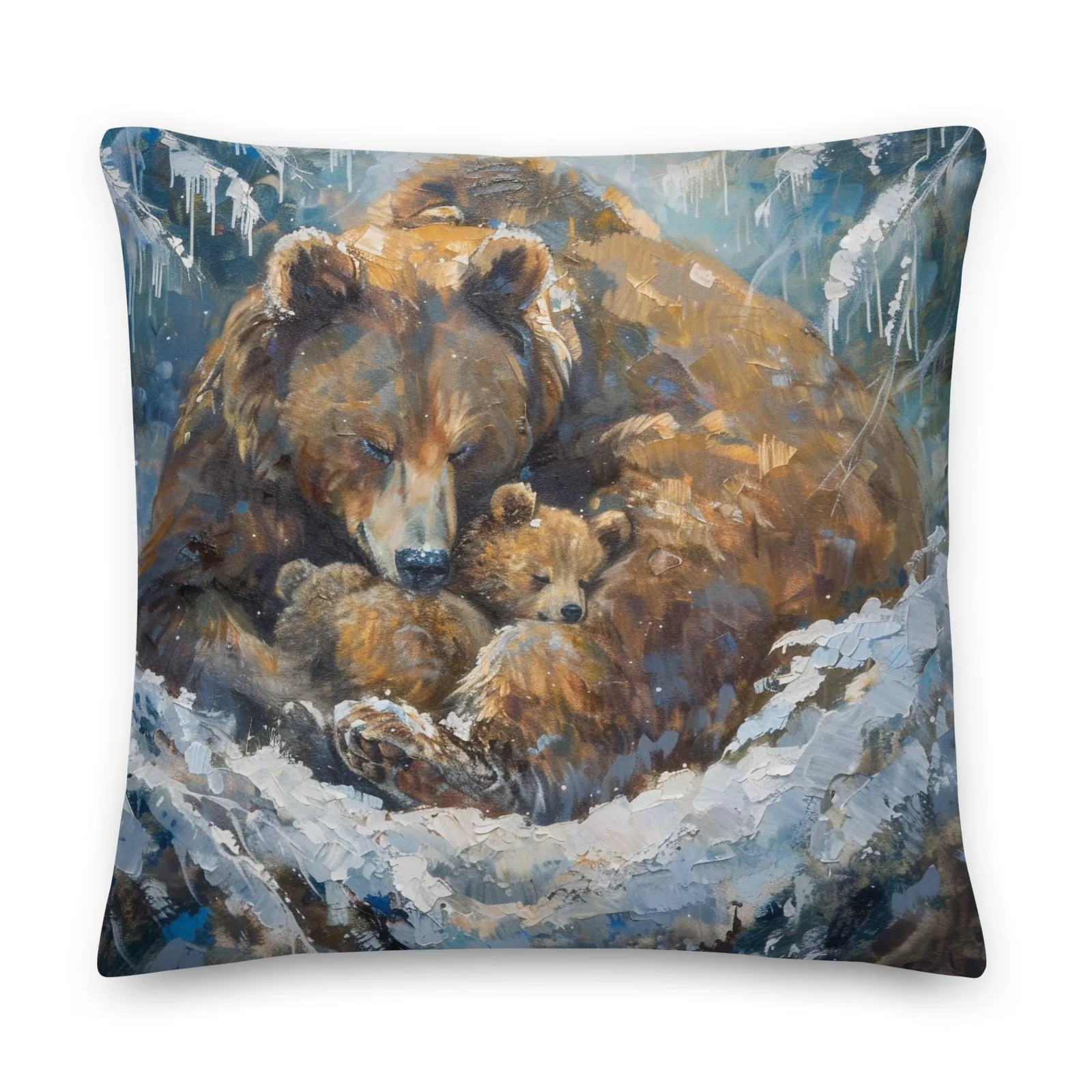 Bear Family in Snow Throw Pillow: Rustic Winter Decor