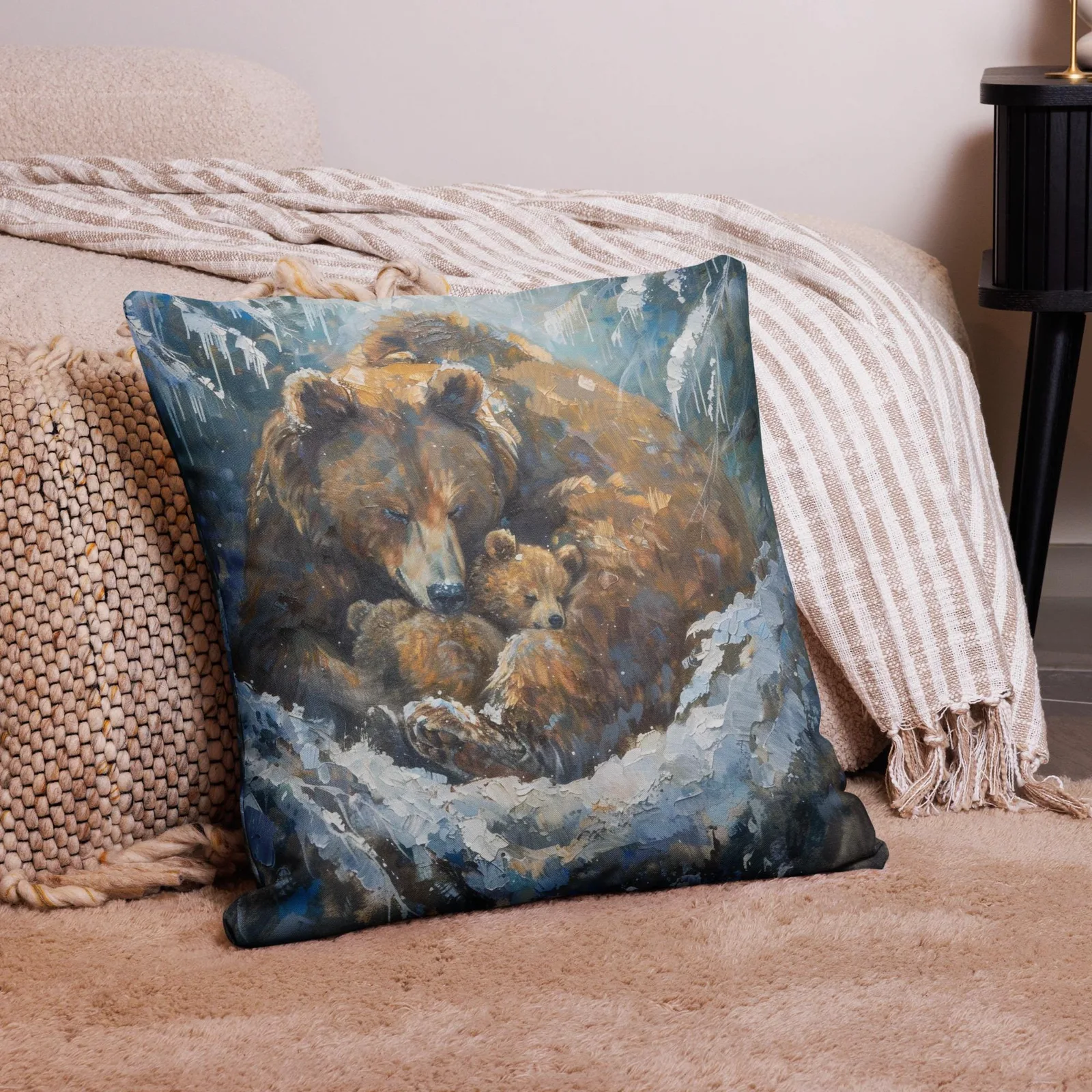 Bear Family in Snow Throw Pillow: Rustic Winter Decor, photo 5