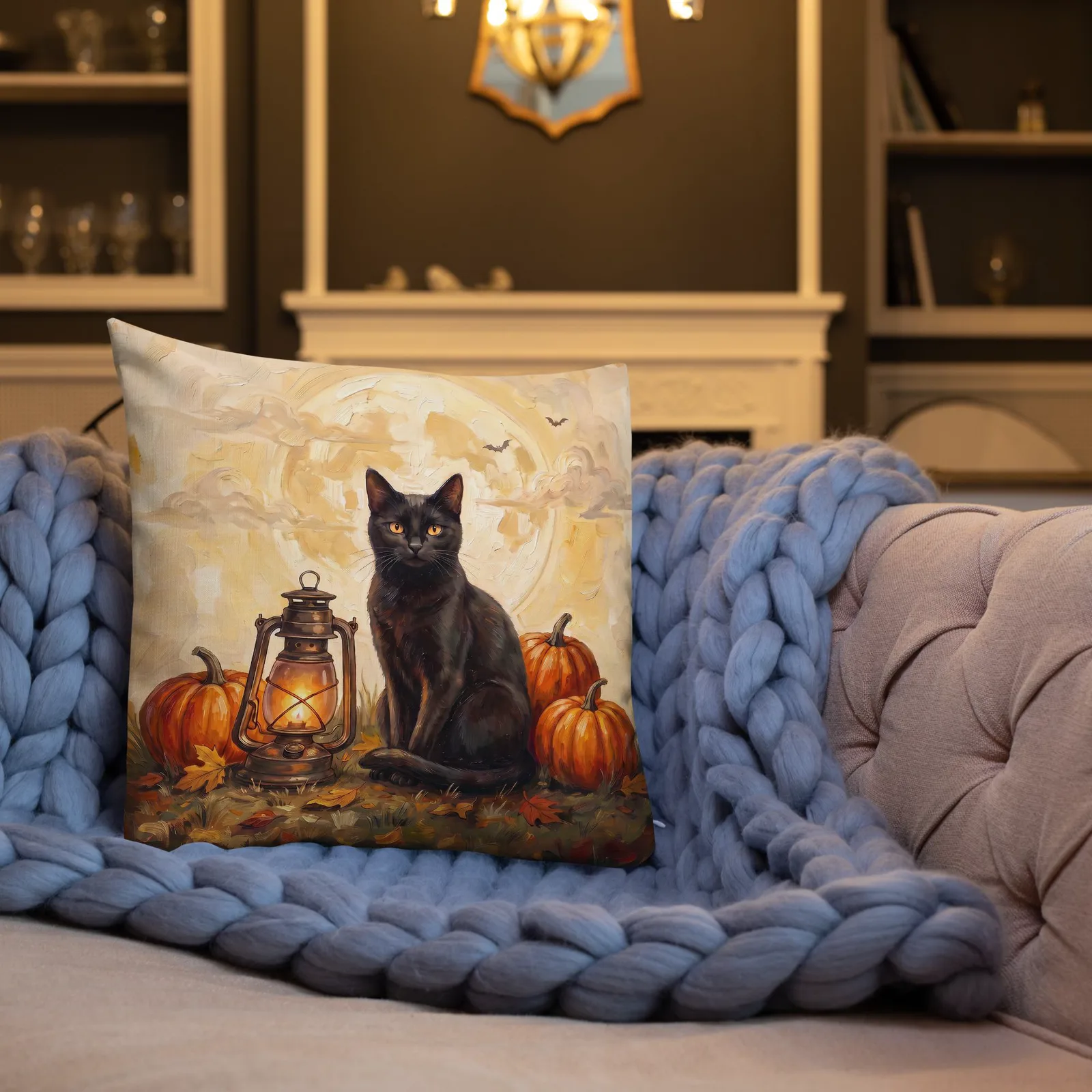 Black Cat Halloween Pillow: Pumpkin, Lantern, Full Moon Decor (18x18 or 22x22), photo 3
