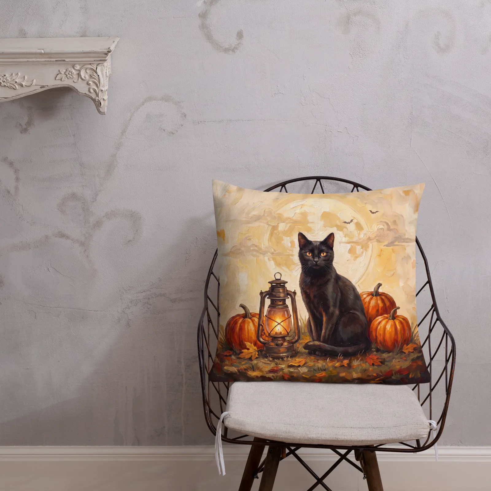 Black Cat Halloween Pillow: Pumpkin, Lantern, Full Moon Decor (18x18 or 22x22), photo 5