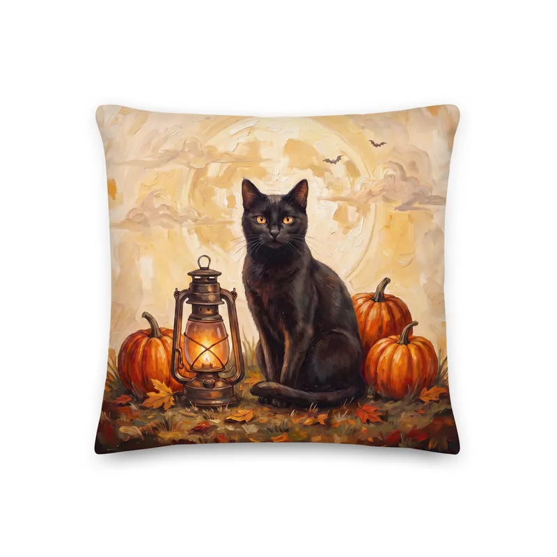 Black Cat Halloween Pillow: Pumpkin, Lantern, Full Moon Decor (18x18 or 22x22)