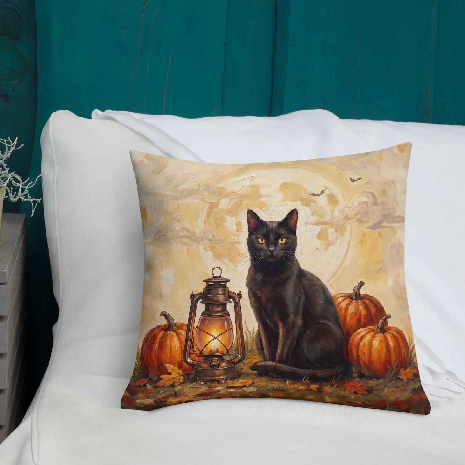 Black Cat Halloween Pillow: Pumpkin, Lantern, Full Moon Decor (18x18 or 22x22), photo 6