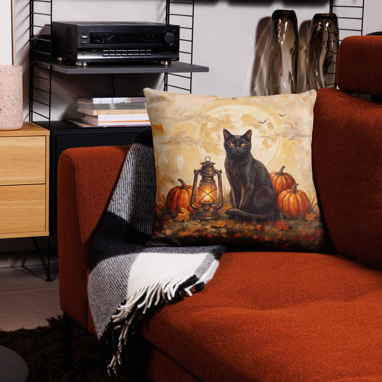 Black Cat Halloween Pillow: Pumpkin, Lantern, Full Moon Decor (18x18 or 22x22), photo 9