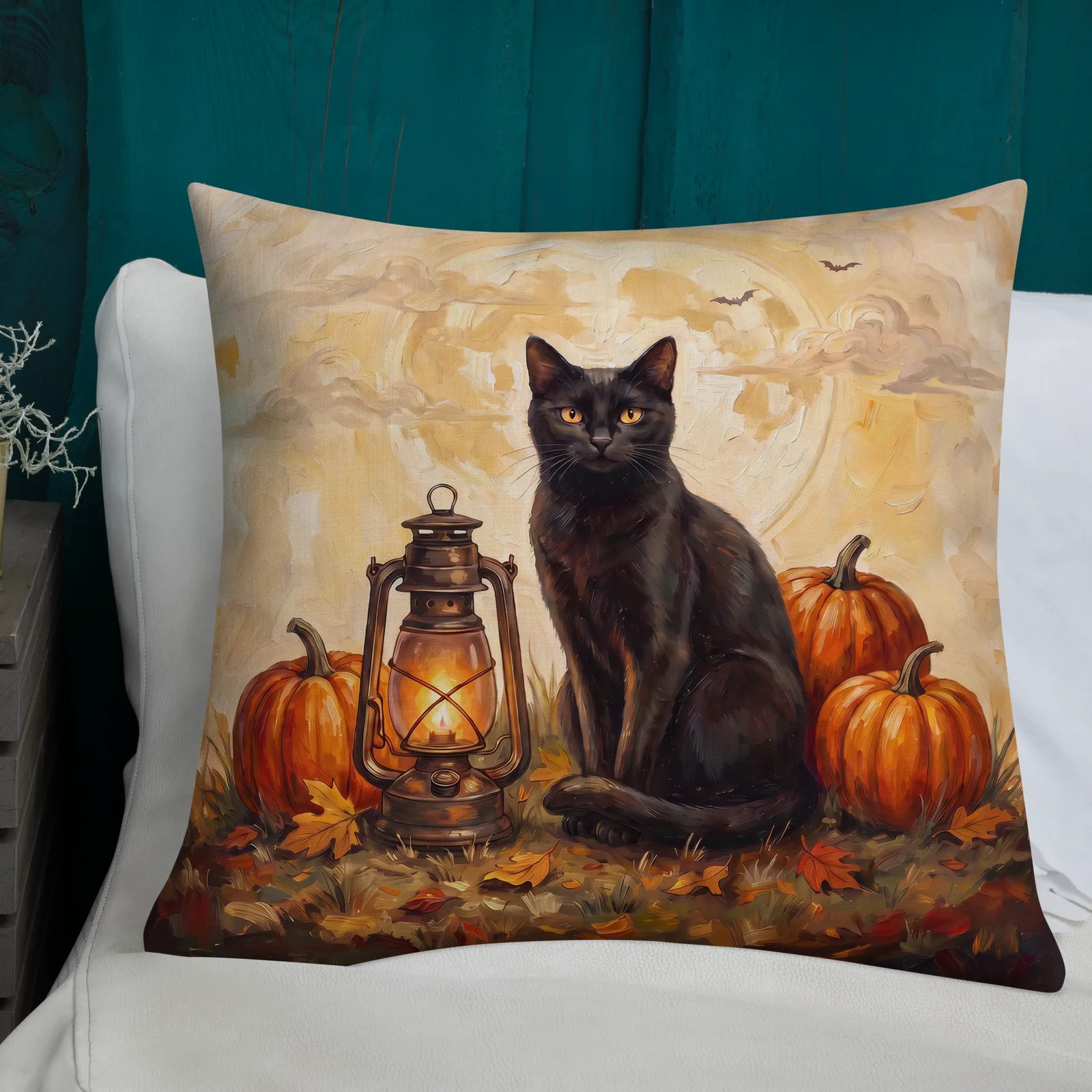 Black Cat Halloween Pillow: Pumpkin, Lantern, Full Moon Decor (18x18 or 22x22), photo 7