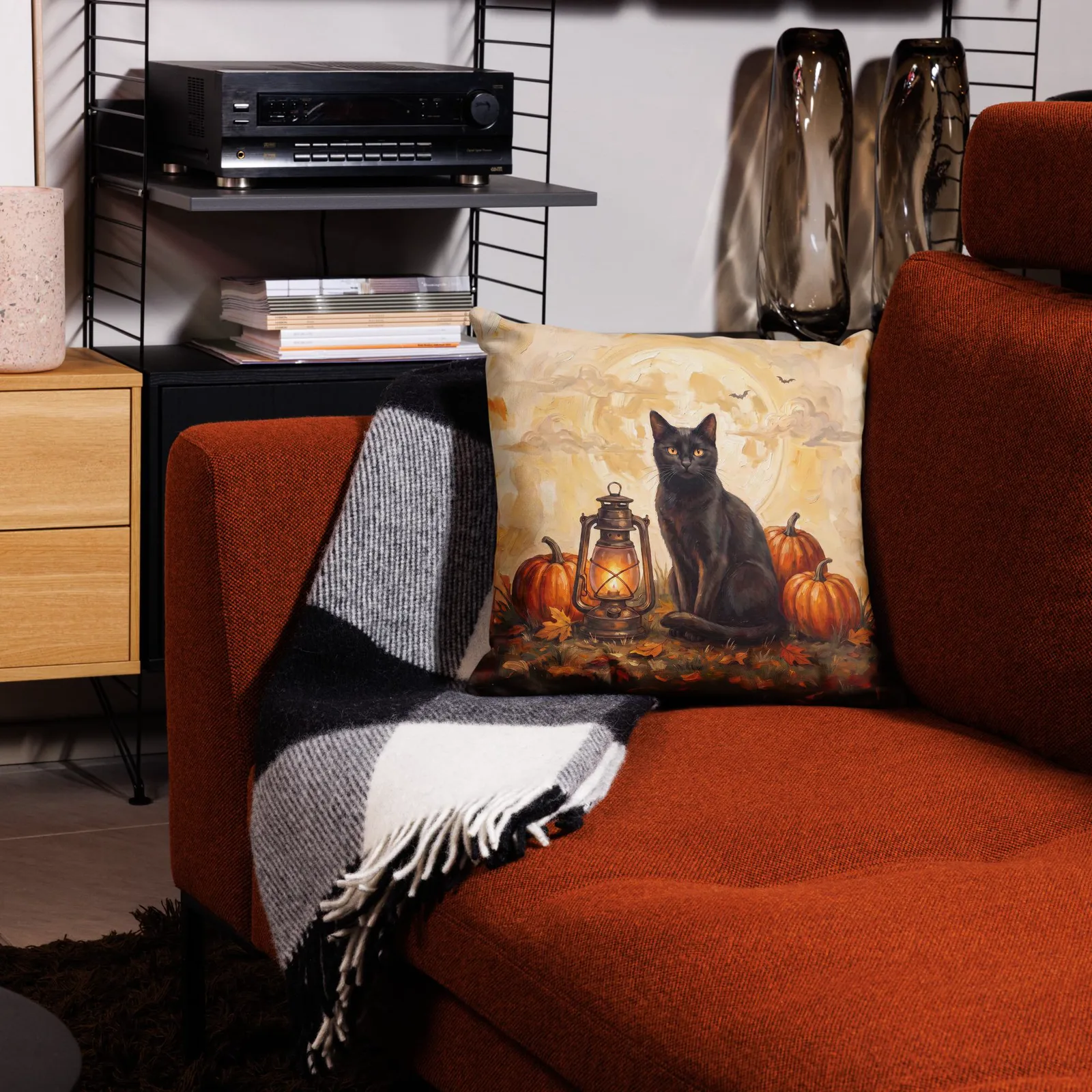 Black Cat Halloween Pillow: Pumpkin, Lantern, Full Moon Decor (18x18 or 22x22), photo 8