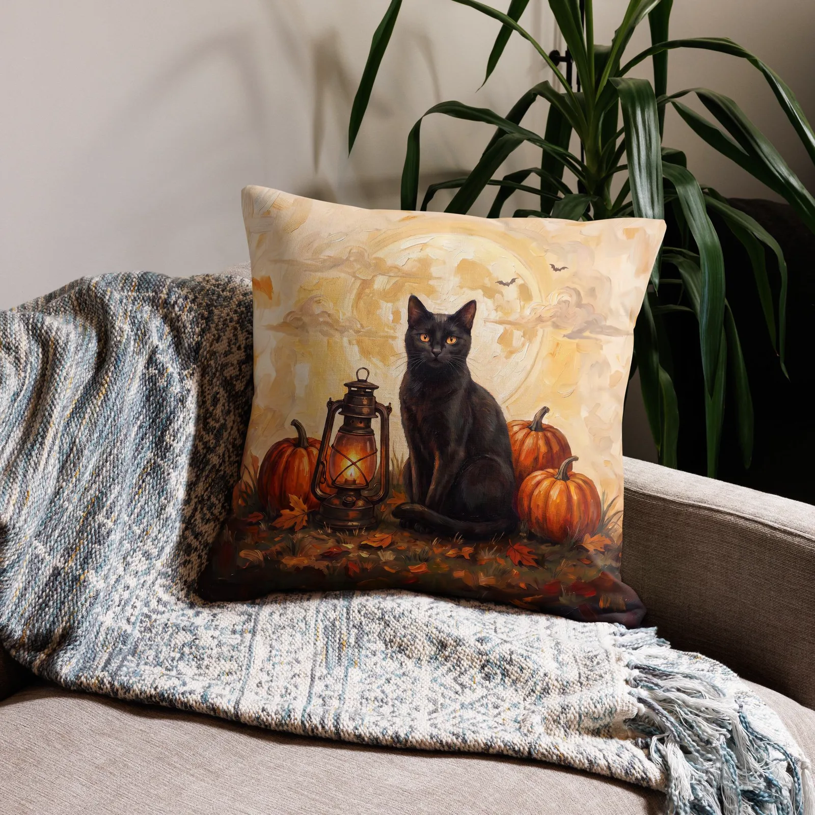Black Cat Halloween Pillow: Pumpkin, Lantern, Full Moon Decor (18x18 or 22x22), photo 10