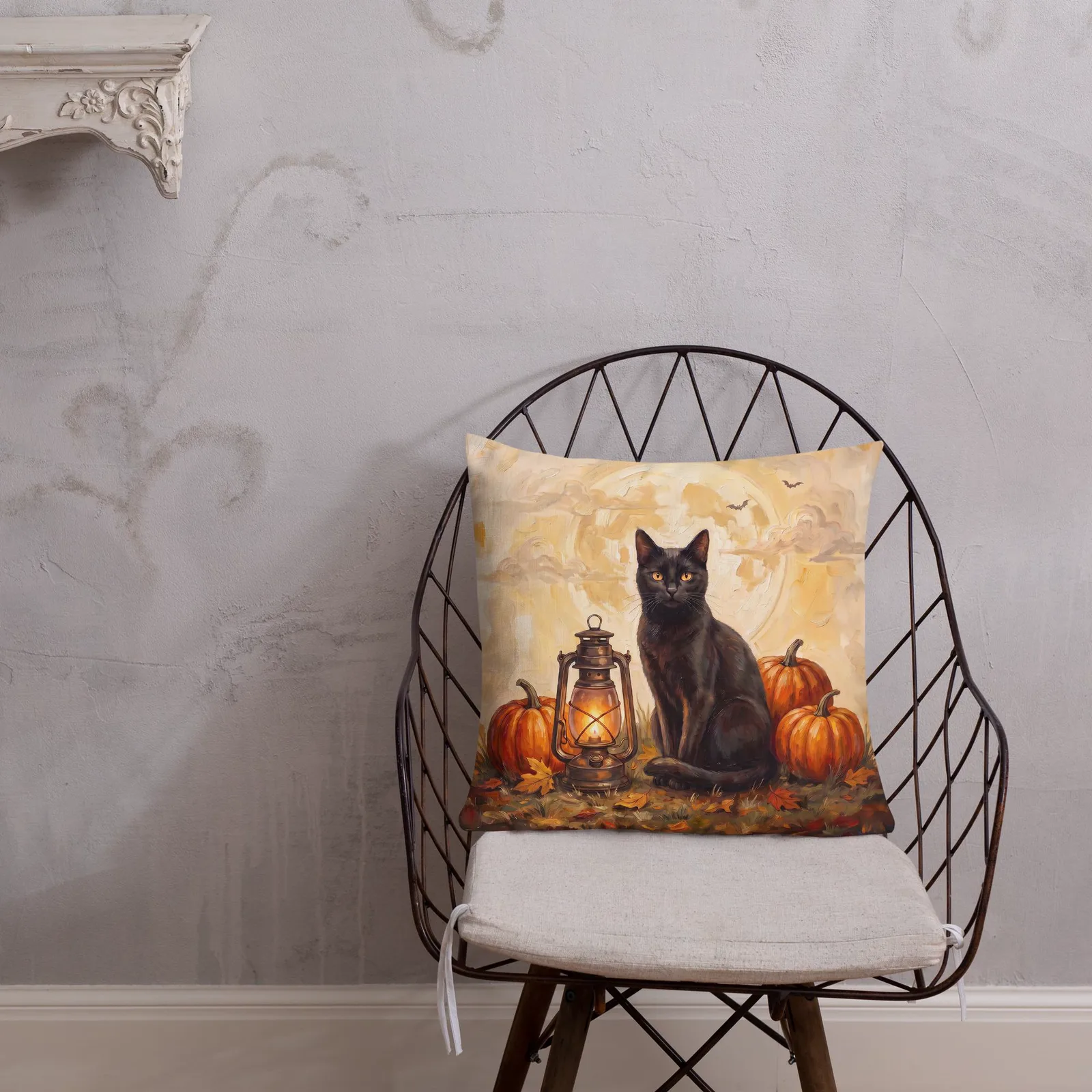 Black Cat Halloween Pillow: Pumpkin, Lantern, Full Moon Decor (18x18 or 22x22), photo 4