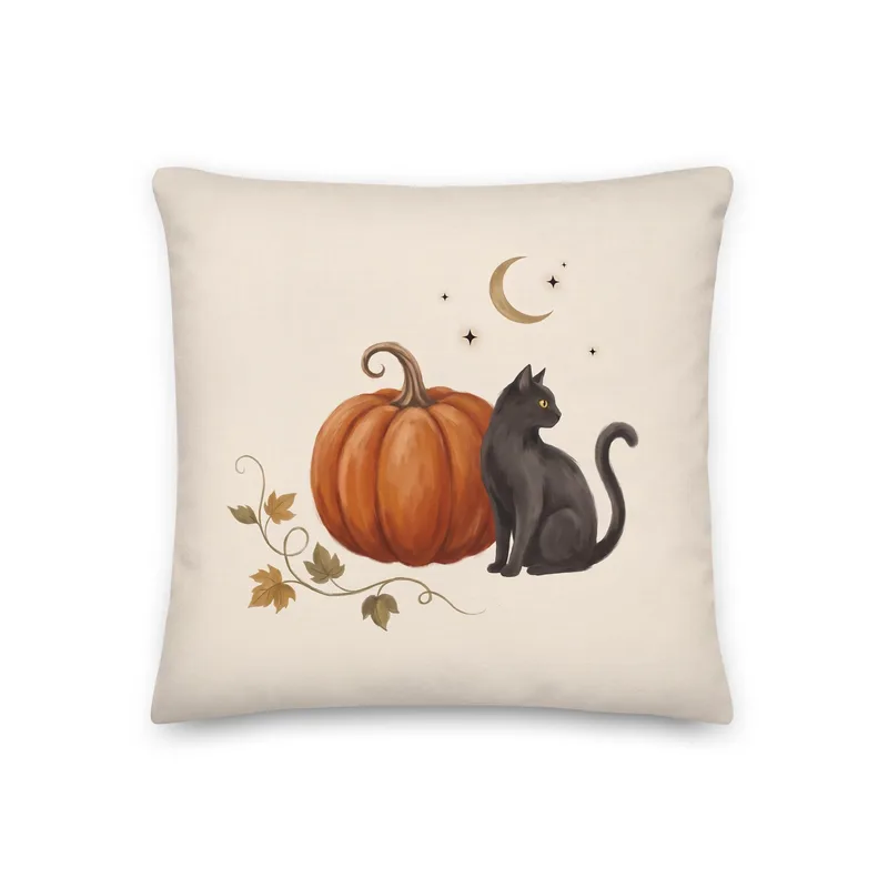 Black Cat Pumpkin Throw Pillow: Autumn Halloween