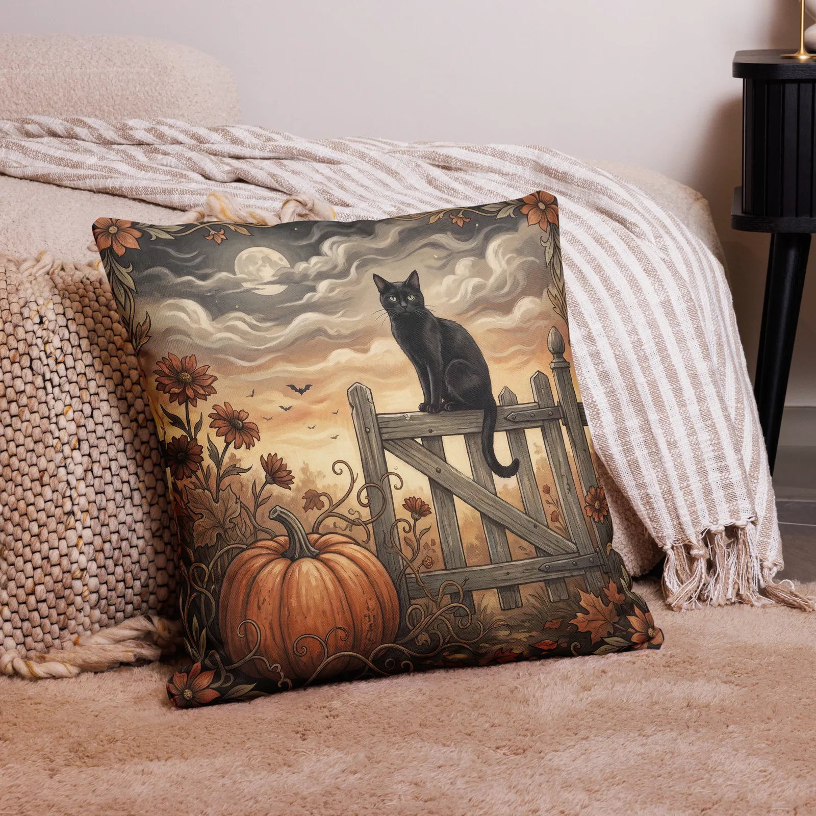 Black Cat Pumpkin Throw Pillow: Halloween Autumn Decor (18x18 or 22x22), photo 10