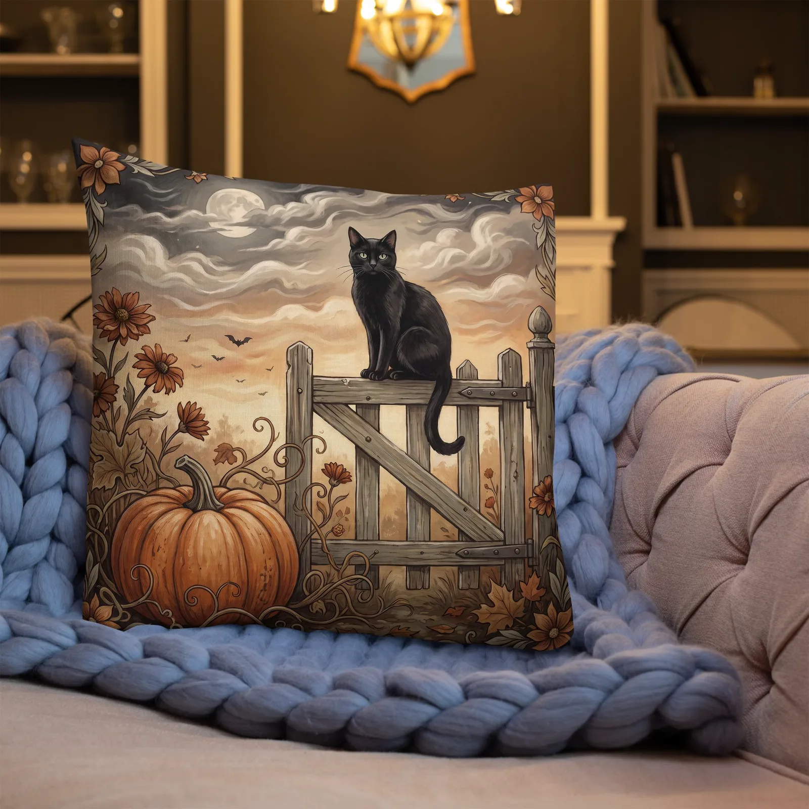 Black Cat Pumpkin Throw Pillow: Halloween Autumn Decor (18x18 or 22x22), photo 7