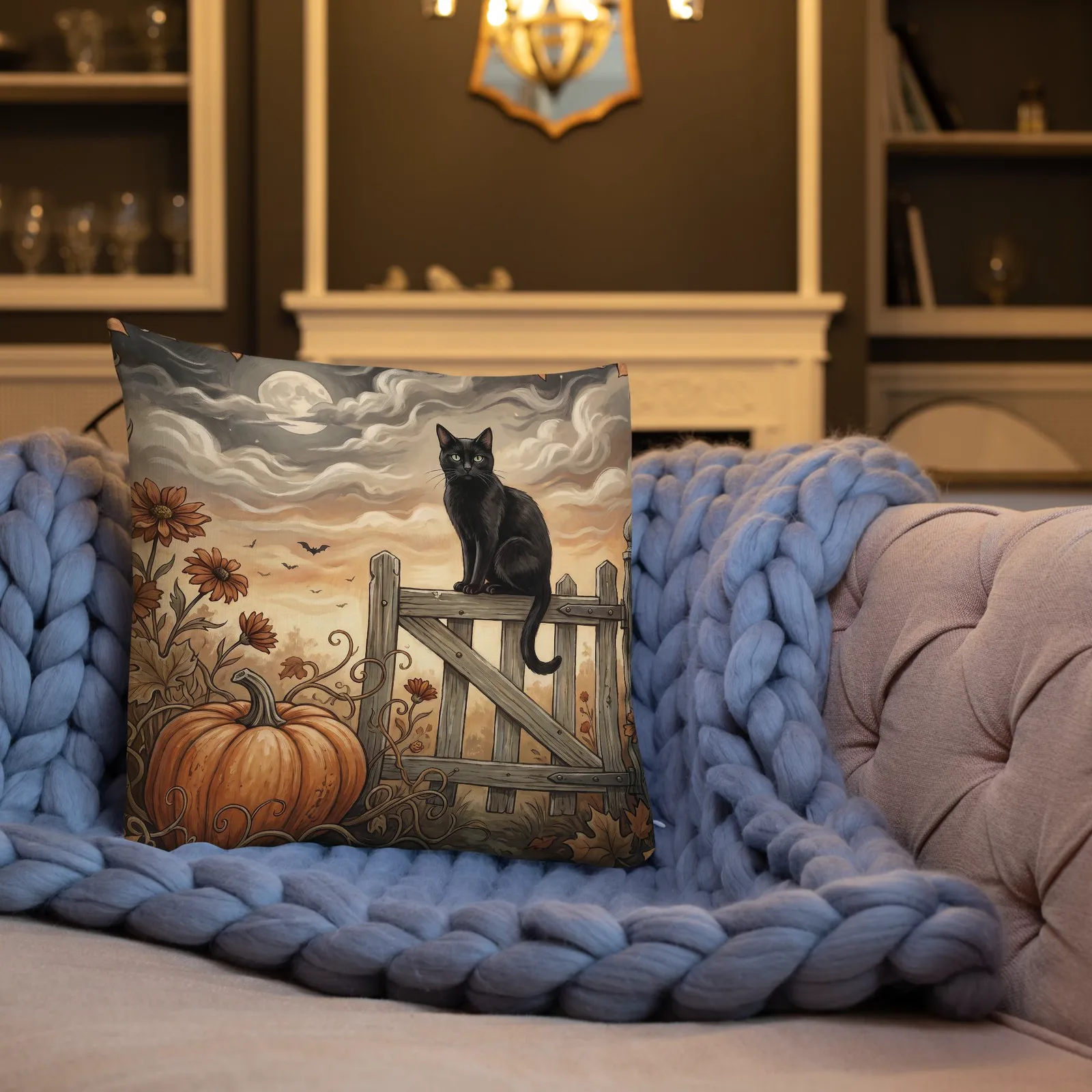 Black Cat Pumpkin Throw Pillow: Halloween Autumn Decor (18x18 or 22x22), photo 6