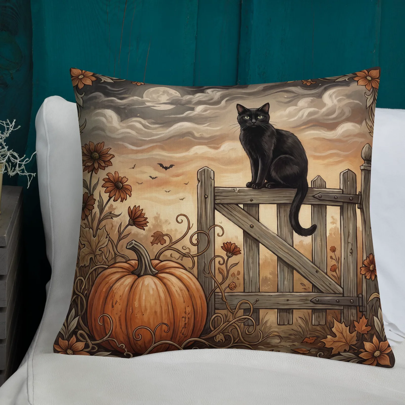 Black Cat Pumpkin Throw Pillow: Halloween Autumn Decor (18x18 or 22x22), photo 3