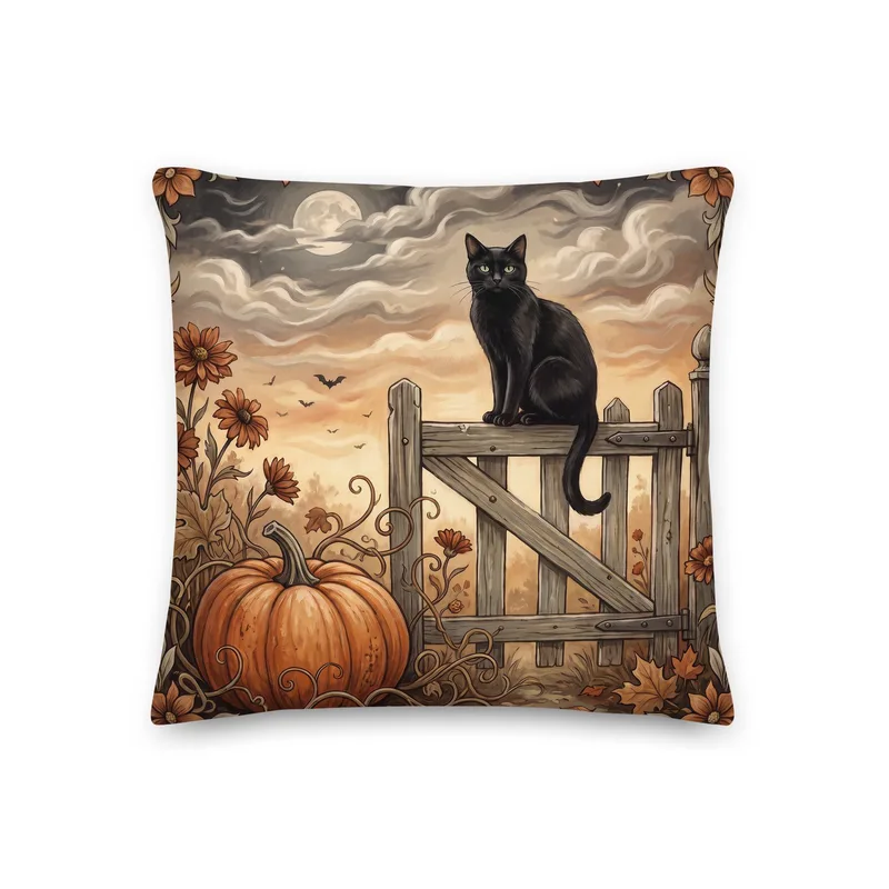 Black Cat Pumpkin Throw Pillow: Halloween Autumn Decor (18x18 or 22x22)