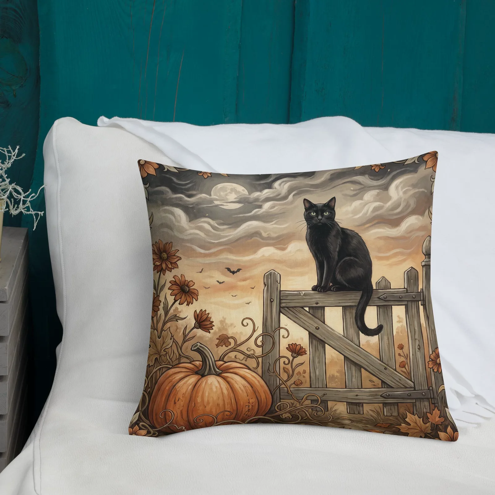 Black Cat Pumpkin Throw Pillow: Halloween Autumn Decor (18x18 or 22x22), photo 2