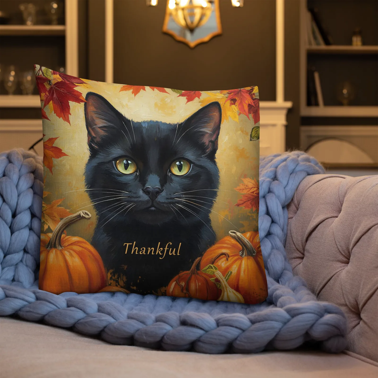 Black Cat Throw Pillow: Thankful Cat Lover Decor, photo 4