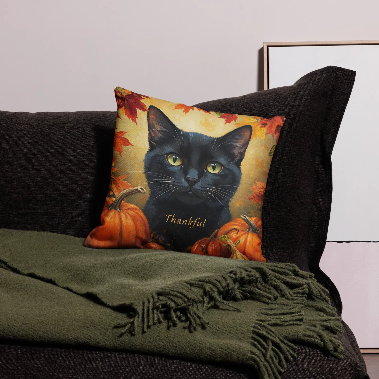 Black Cat Throw Pillow: Thankful Cat Lover Decor, photo 8