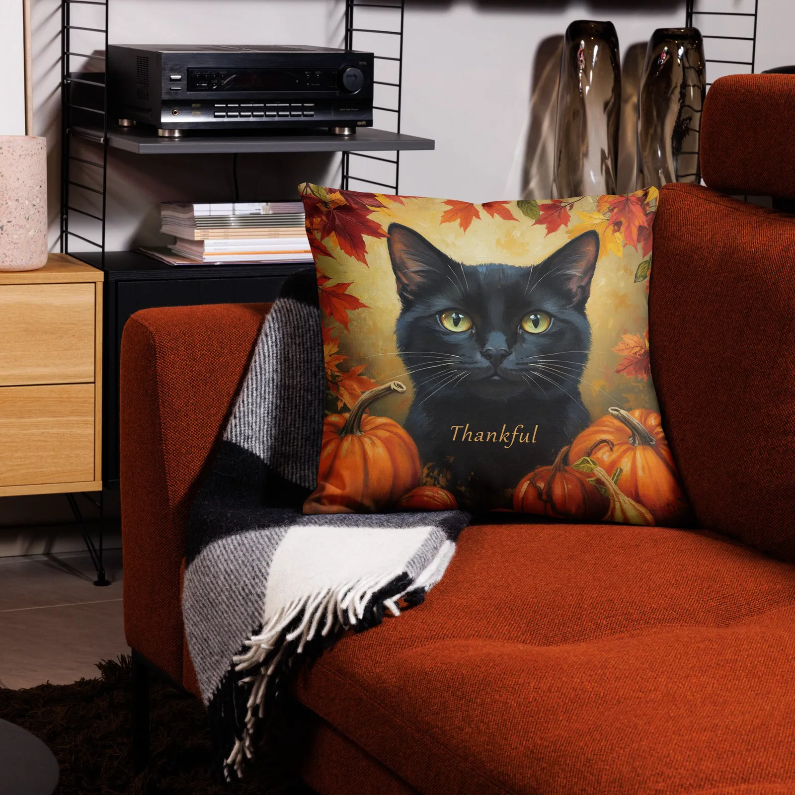 Black Cat Throw Pillow: Thankful Cat Lover Decor, photo 7