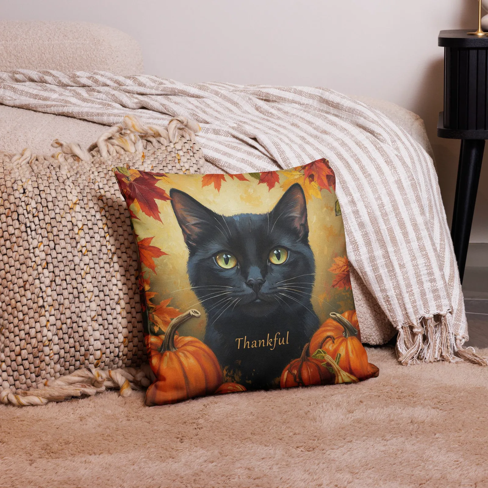 Black Cat Throw Pillow: Thankful Cat Lover Decor, photo 3