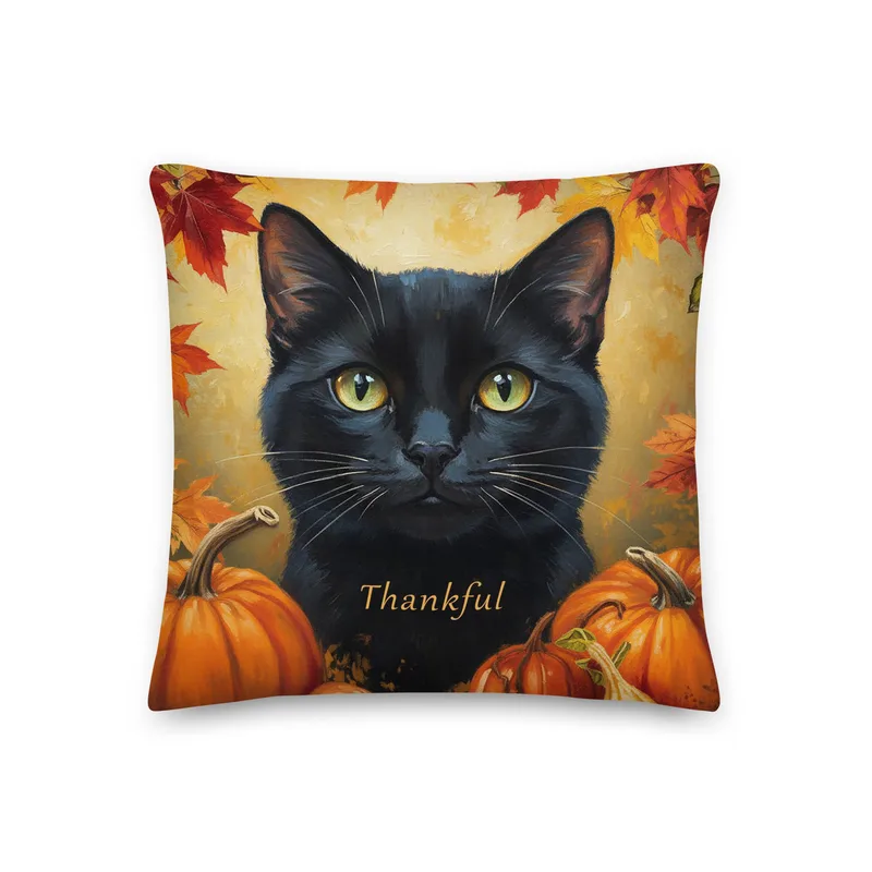 Black Cat Throw Pillow: Thankful Cat Lover Decor