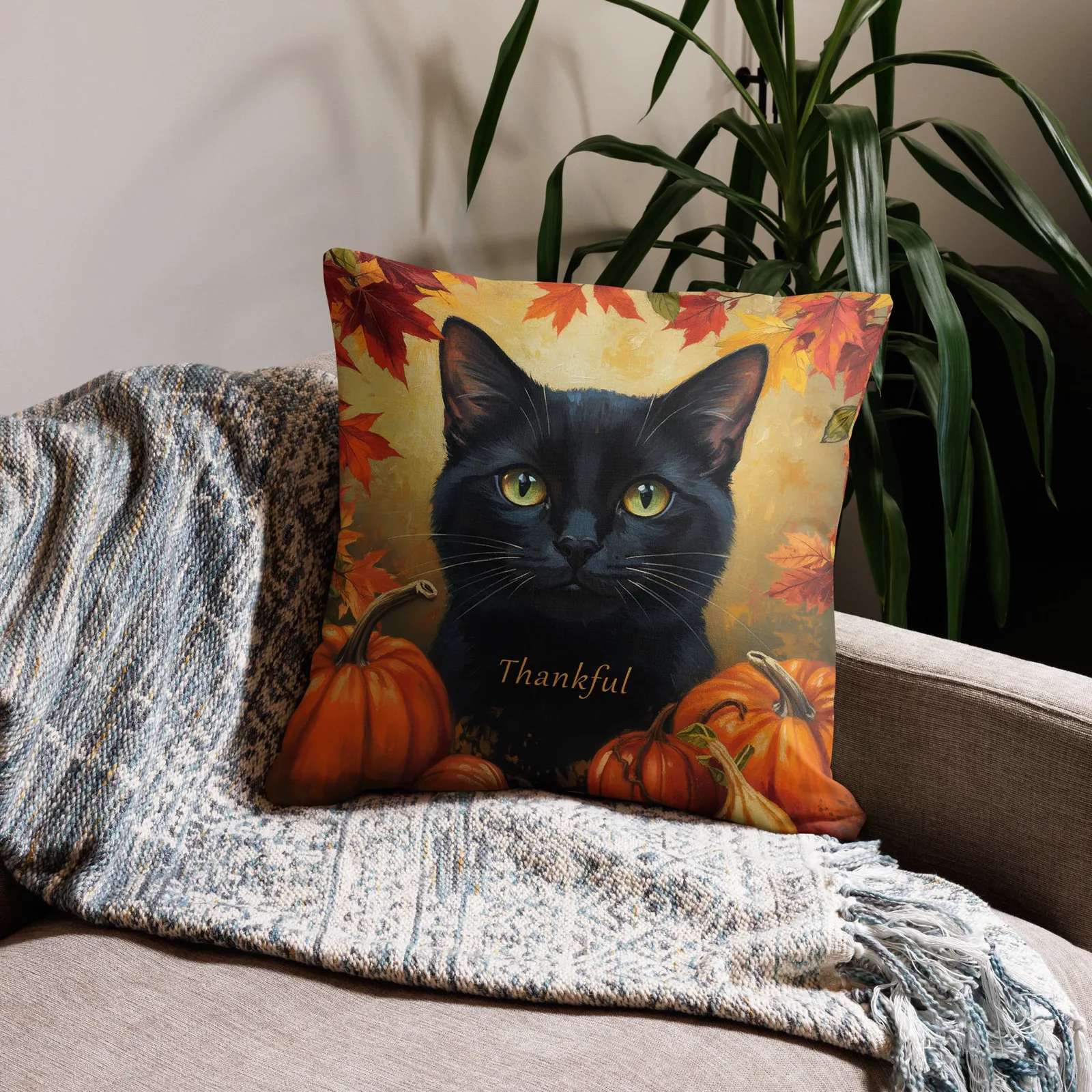 Black Cat Throw Pillow: Thankful Cat Lover Decor, photo 2