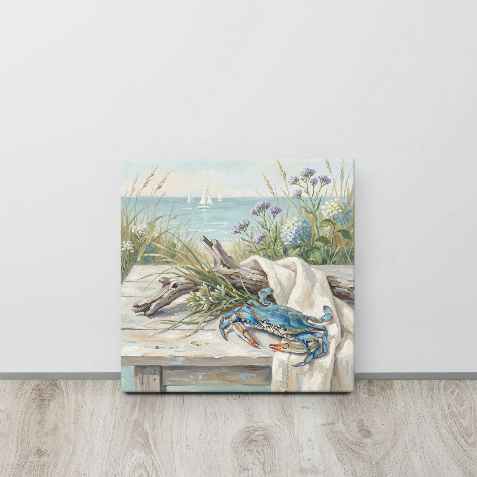 Blue Crab Coastal Scene Thin Canvas: Summer Beach Blue Hydrangea Decor Wall Art, photo 3