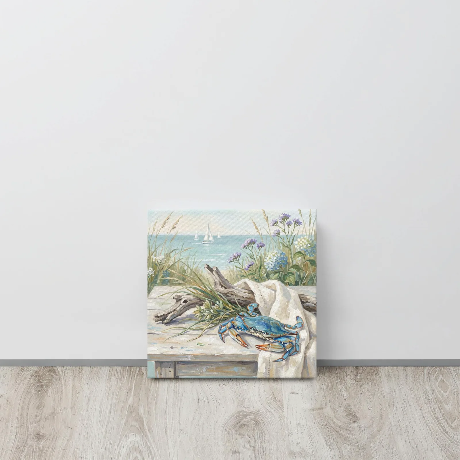 Blue Crab Coastal Scene Thin Canvas: Summer Beach Blue Hydrangea Decor Wall Art, photo 2