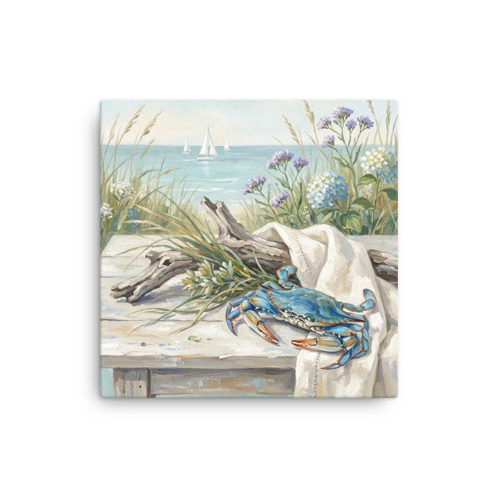 Blue Crab Coastal Scene Thin Canvas: Summer Beach Blue Hydrangea Decor Wall Art