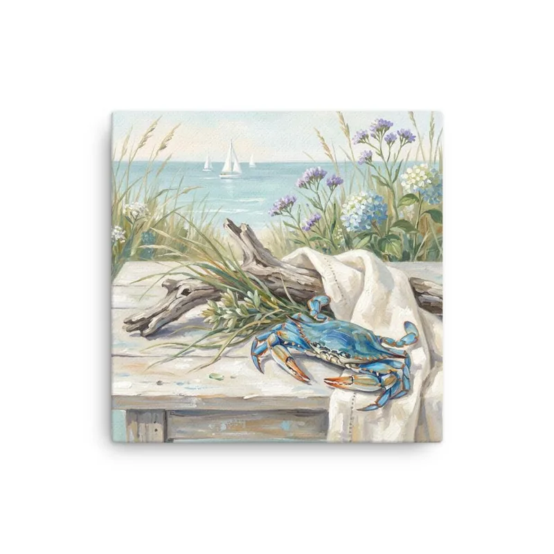 Blue Crab Coastal Scene Thin Canvas: Summer Beach Blue Hydrangea Decor Wall Art