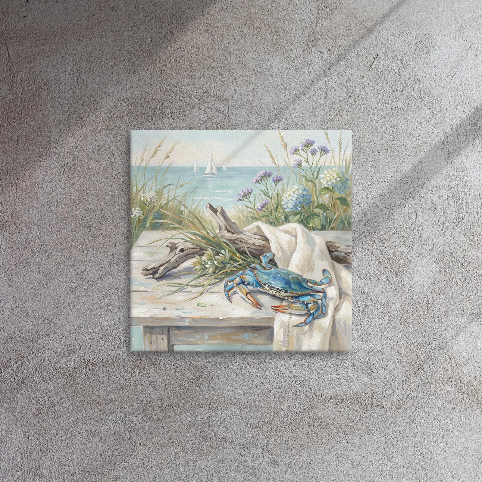Blue Crab Coastal Scene Thin Canvas: Summer Beach Blue Hydrangea Decor Wall Art, photo 7