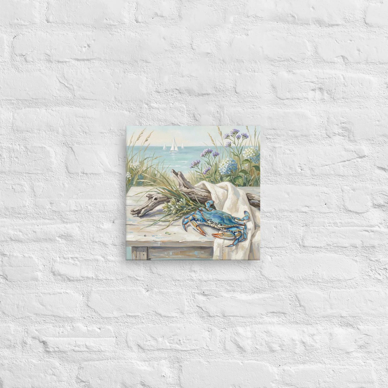 Blue Crab Coastal Scene Thin Canvas: Summer Beach Blue Hydrangea Decor Wall Art, photo 4